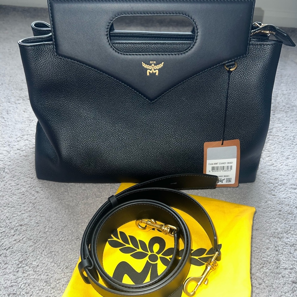 MCM Soft Diamond Black Leather Tote with Gold Logo and Removable Strap